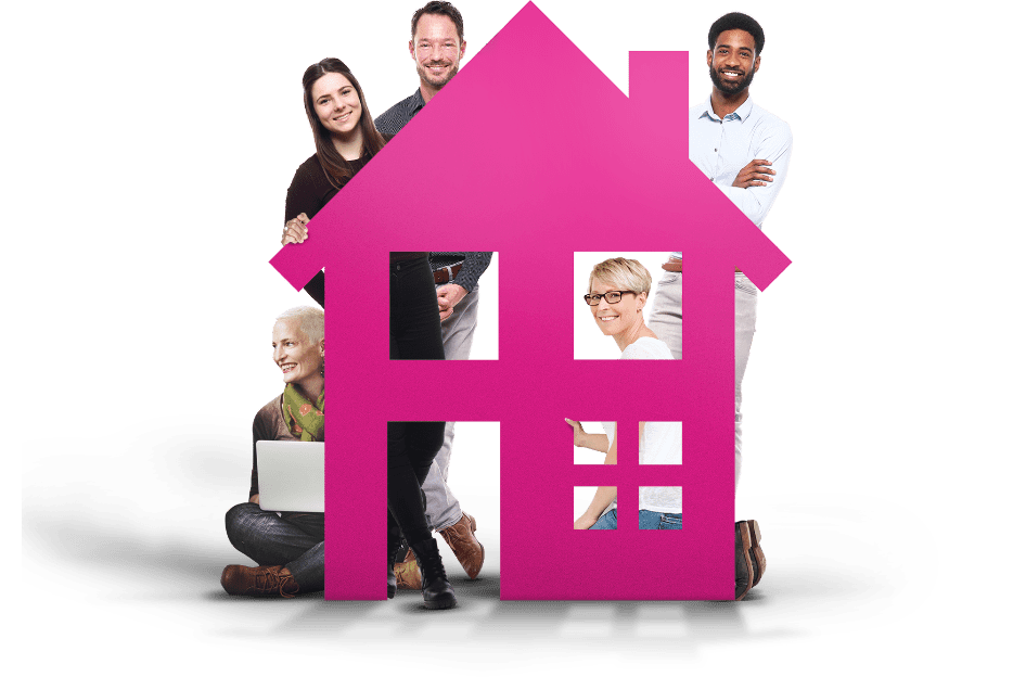 A group people standing around a small house